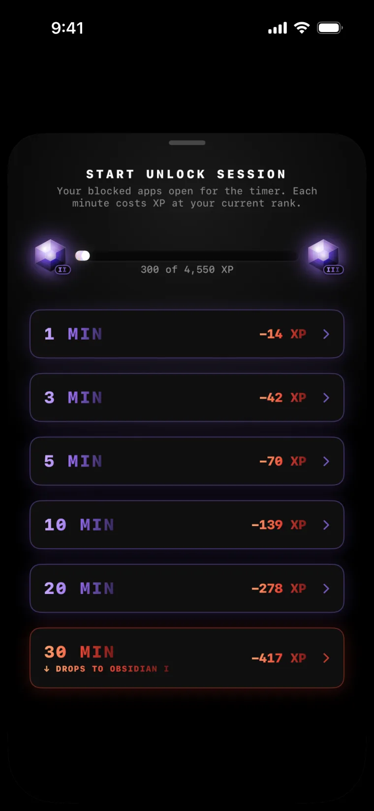 Spending XP to unlock apps for a timed session