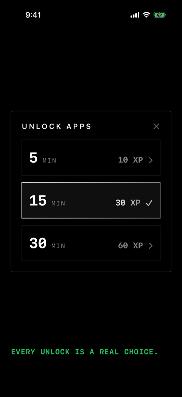 Spending XP to unlock apps for a timed window